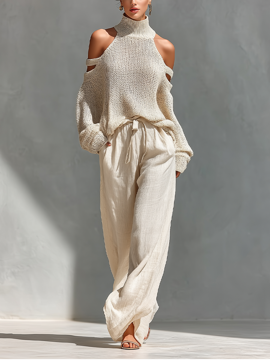 Thalia - Beiges Strick-Off-Shoulder-Turtleneck-Top & Weite Hosen Set