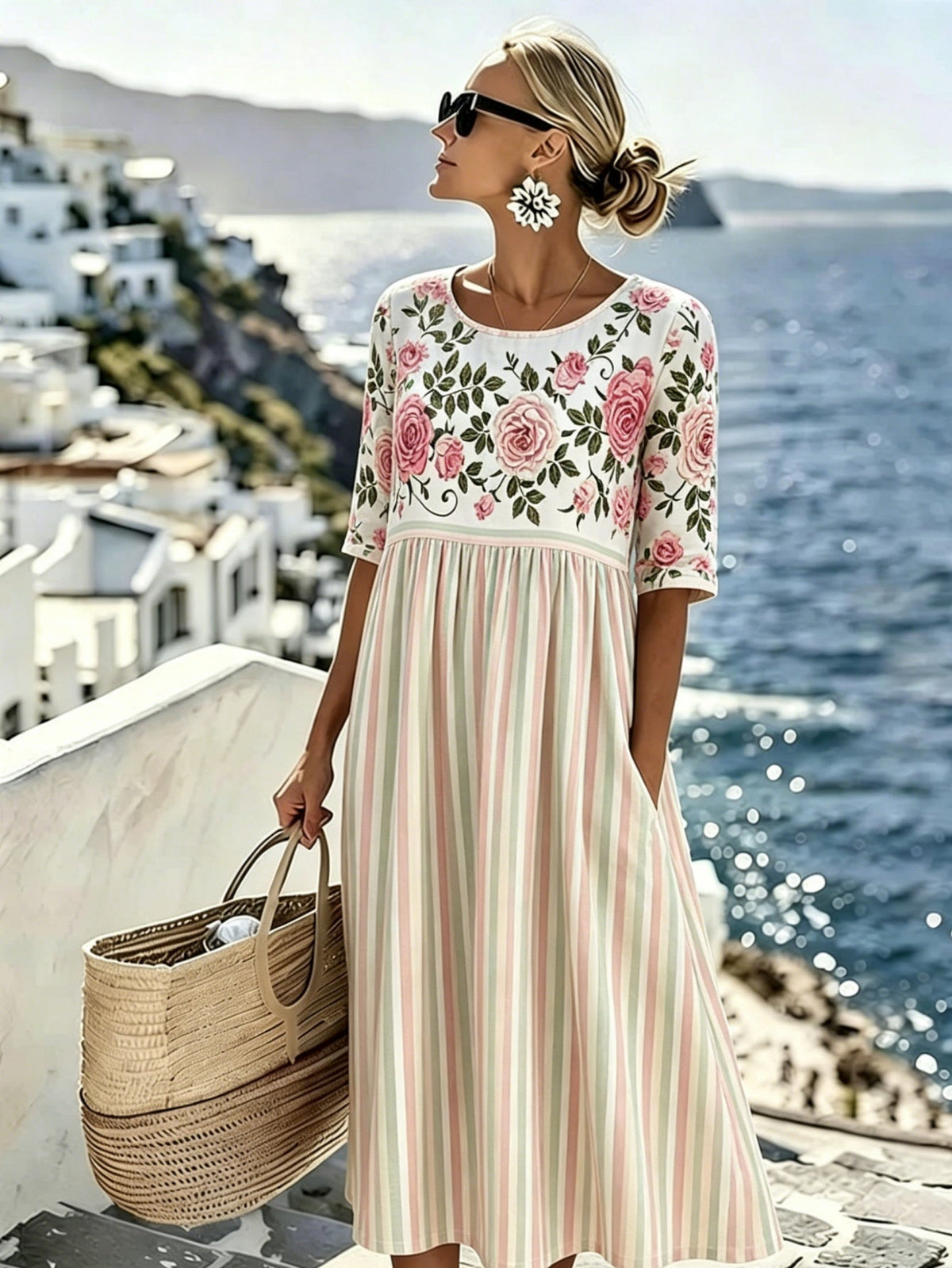 Elodie™ | Vintage Rose Stripe Midi Kleid