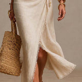 Clémence | Abito midi in lino naturale con scollo incrociato e pizzo
