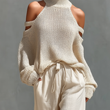 Thalia - Beiges Strick-Off-Shoulder-Turtleneck-Top & Weite Hosen Set