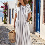 Elaris | Robe midi rayée à manches courtes avec encolure à cravate et poches