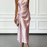 Caille - Abito midi senza maniche monospalla con ruches in raso color champagne
