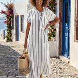 Elaris | Robe midi rayée à manches courtes avec encolure à cravate et poches