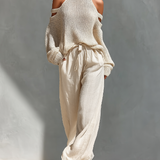 Thalia - Beiges Strick-Off-Shoulder-Turtleneck-Top & Weite Hosen Set