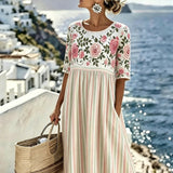 Elodie™ | Vintage Rose Stripe Midi Kleid