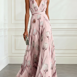Nerea - Elegante Abito Lungo con Stampa a Tulipano e Scollo a V