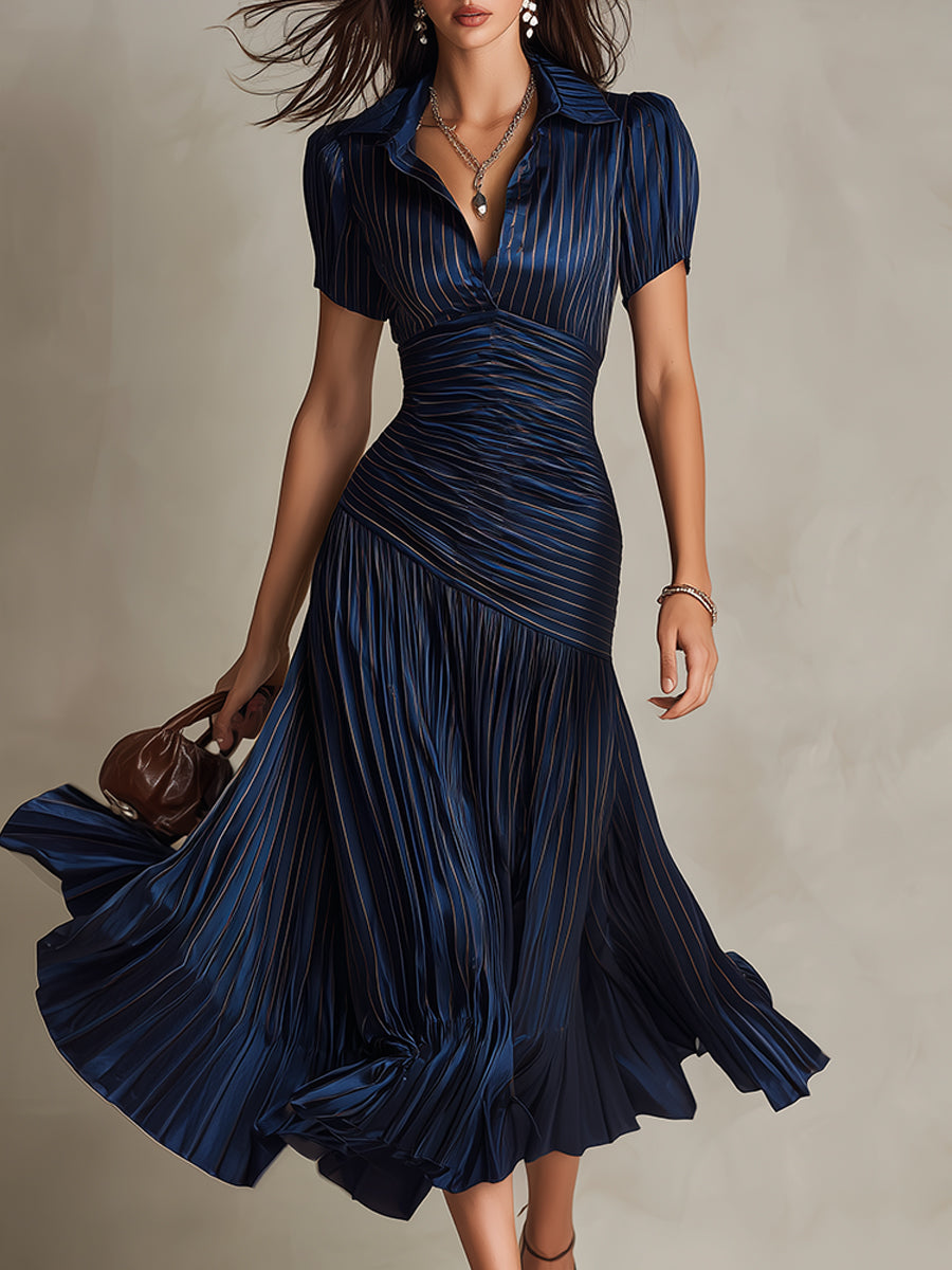 Adriana - Retro Gestreiftes Satin Midi-Kleid
