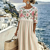 Elodie™ | Vintage Rose Stripe Midi Kleid