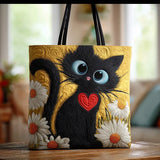 Sac à main noir fait main en forme de chat avec cœur et marguerites