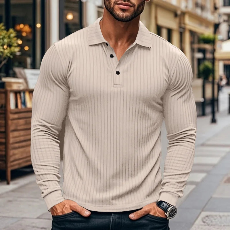 Geripptes Herren Langarm-Poloshirt mit Knopfleiste | Valcor Zürich