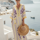 Aurelia | V-Ausschnitt Maxikleid mit halben Ärmeln und Streifenmuster