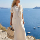 Elowyn | Robe longue maxi à col rond et manches courtes avec poches