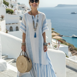 Ione | Robe longue rayée à col rond et manches courtes
