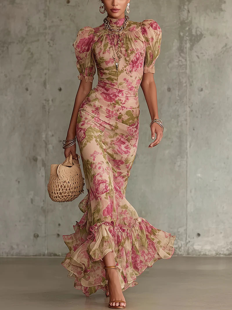 Jill - Vintage-Rosenmuster Puffärmel Maxi-Kleid