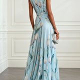 Nerea - Elegante Abito Lungo con Stampa a Tulipano e Scollo a V