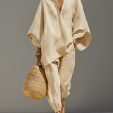Caroline - Helles Khaki Asymmetrisches Minimalistisches Top und Jogginghose Set