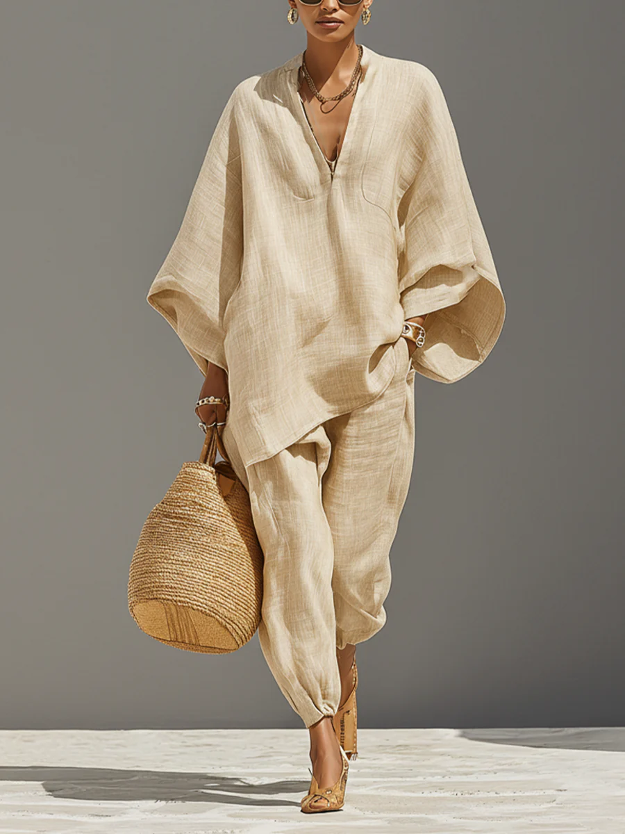 Caroline - Helles Khaki Asymmetrisches Minimalistisches Top und Jogginghose Set