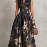 Rosie - Schwarzes Schlüssel-Ausschnitt-Kragen Blumen Falten Satin Midi Kleid