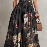 Rosie - Schwarzes Schlüssel-Ausschnitt-Kragen Blumen Falten Satin Midi Kleid