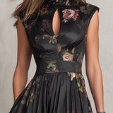 Rosie - Schwarzes Schlüssel-Ausschnitt-Kragen Blumen Falten Satin Midi Kleid