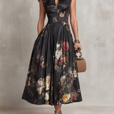 Rosie - Schwarzes Schlüssel-Ausschnitt-Kragen Blumen Falten Satin Midi Kleid