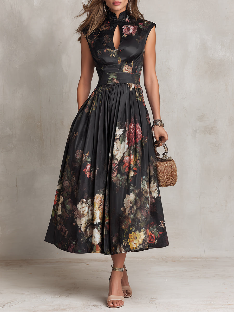 Rosie - Schwarzes Schlüssel-Ausschnitt-Kragen Blumen Falten Satin Midi Kleid