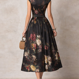 Rosie - Schwarzes Schlüssel-Ausschnitt-Kragen Blumen Falten Satin Midi Kleid