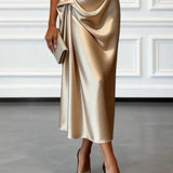 Caille - Abito midi senza maniche monospalla con ruches in raso color champagne