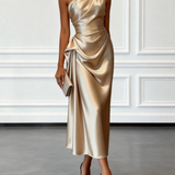 Caille - Abito midi senza maniche monospalla con ruches in raso color champagne