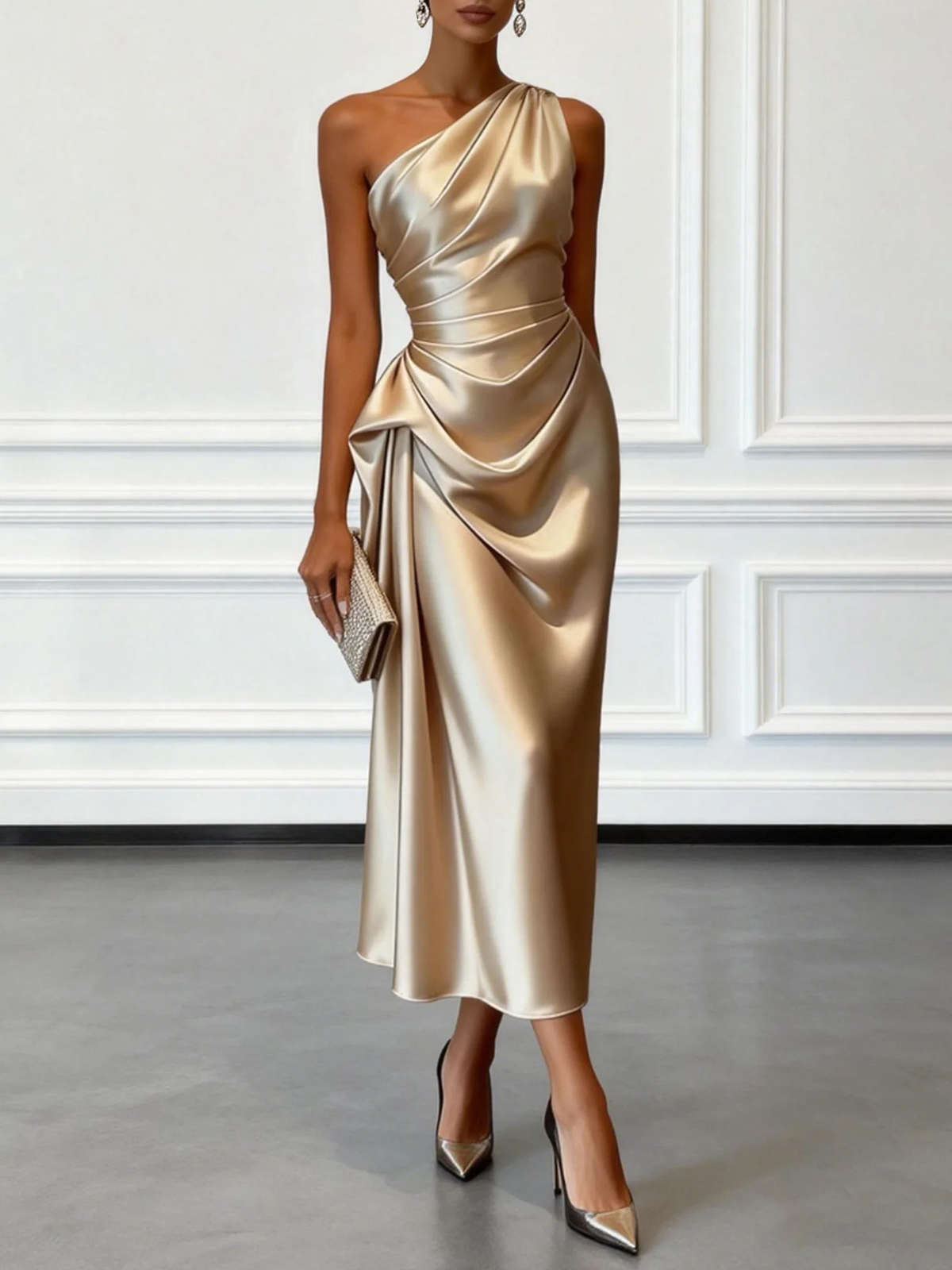 Caille - Abito midi senza maniche monospalla con ruches in raso color champagne
