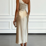 Caille - Abito midi senza maniche monospalla con ruches in raso color champagne