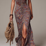 Anselma | Robe longue plissée à motif floral fendue gris-violet