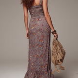 Anselma | Robe longue plissée à motif floral fendue gris-violet