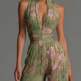 Amelia – Combinaison plissée verte à motif floral