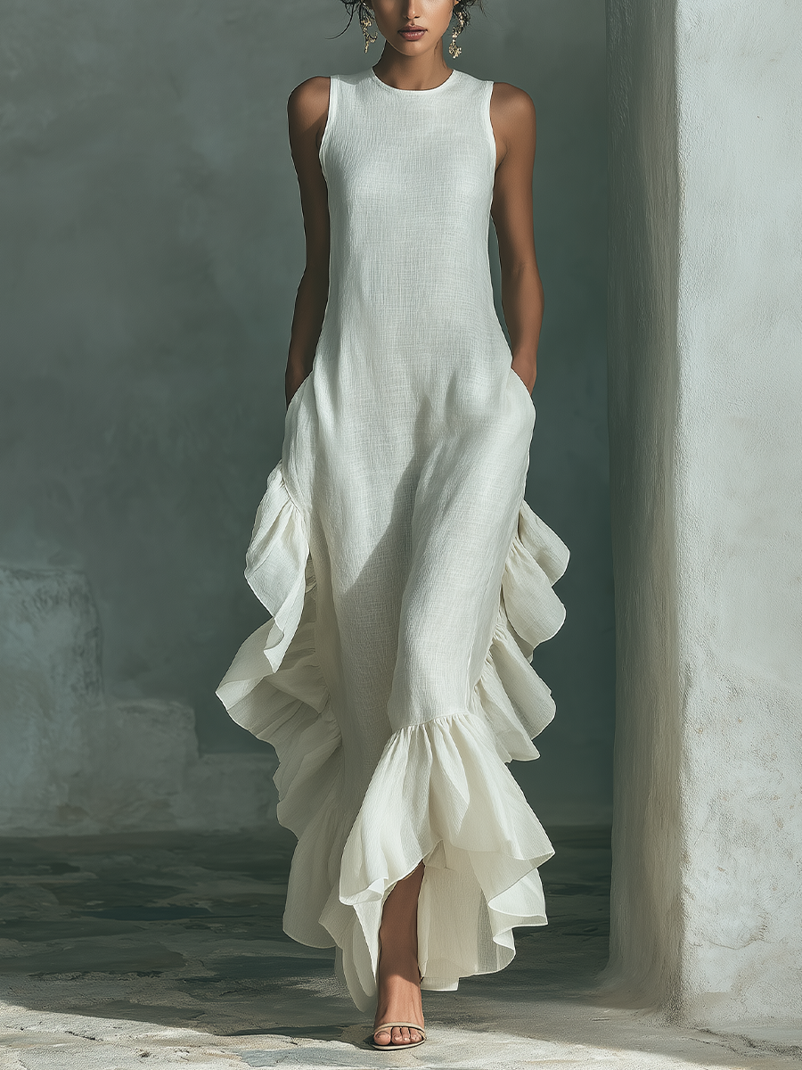 Sophie - Ivory Leinen Ärmelloses Maxikleid