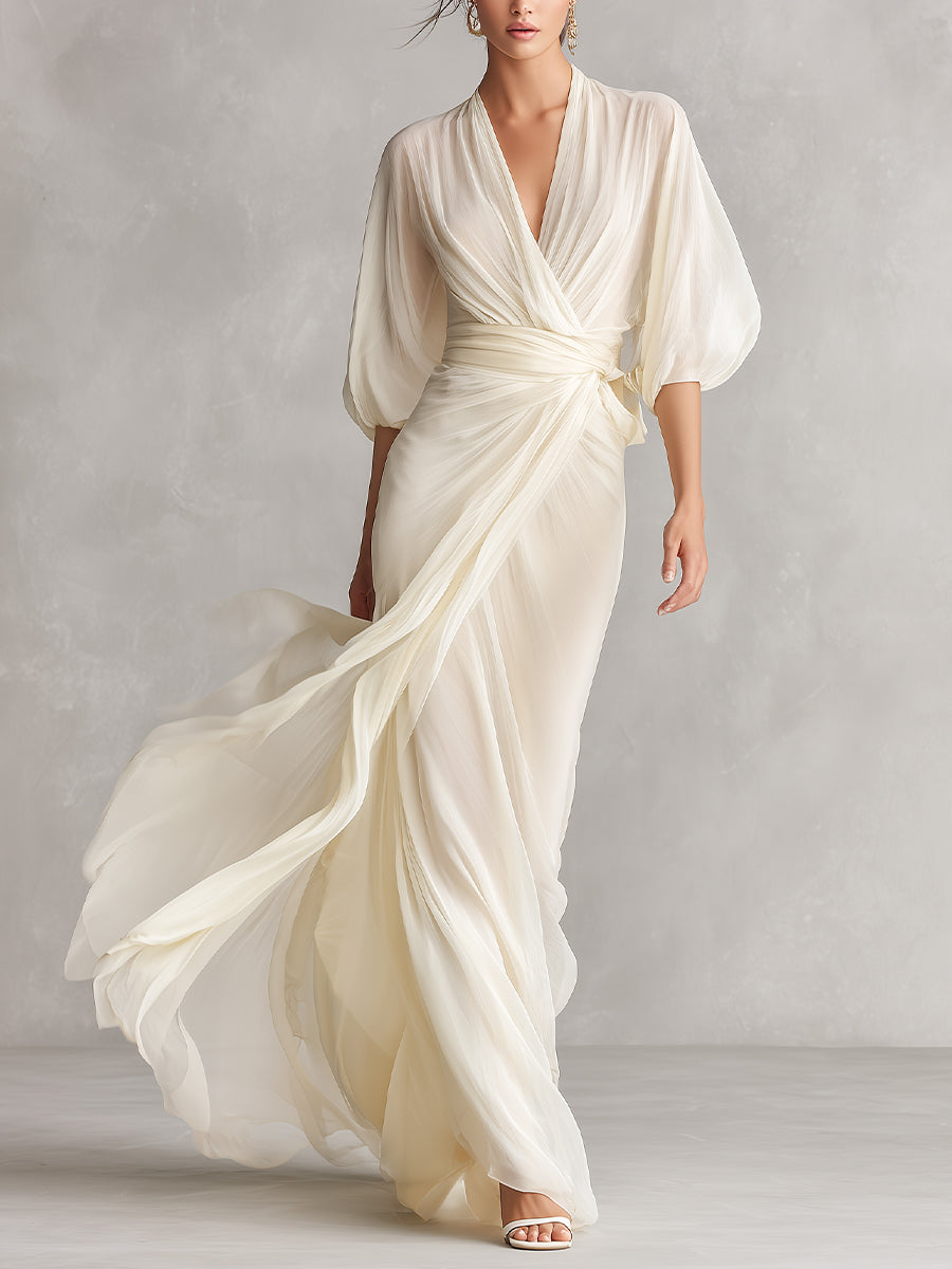 Sefa - Elfenbein Transparente Chiffonkleid