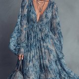 Grace – Robe longue en mousseline de soie à imprimé floral bleu style bohème