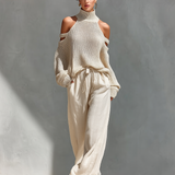 Thalia - Beiges Strick-Off-Shoulder-Turtleneck-Top & Weite Hosen Set