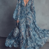 Grace – Robe longue en mousseline de soie à imprimé floral bleu style bohème