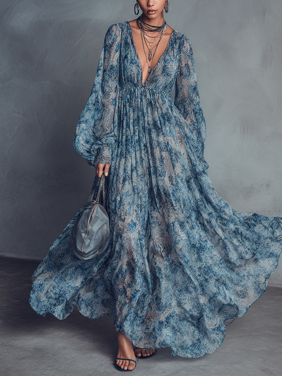 Grace - Bohemian Stil Blau Floral Druck Chiffon Maxikleid