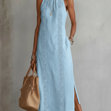 Jimena | Abito midi in lino con colletto alla coreana