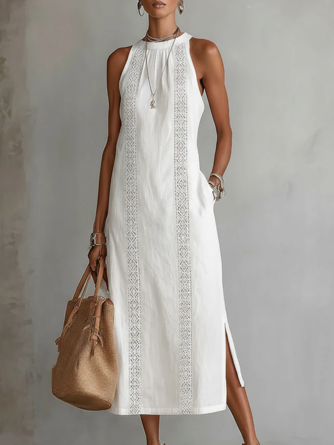 Jimena | Abito midi in lino con colletto alla coreana